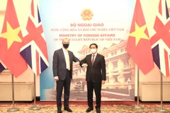 Bộ trưởng Bộ Ngoại giao Bùi Thanh Sơn và Bộ trưởng thứ nhất, Bộ trưởng Bộ Ngoại giao và Phát triển Liên hiệp Vương quốc Anh và Bắc Ireland Dominic Raab tại lễ đón. (Ảnh: Lâm Khánh/TTXVN)