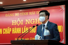 Ủy viên Trung ương Đảng, Bí thư Tỉnh ủy Hải Dương Phạm Xuân Thăng phát biểu tại hội nghị. (Ảnh: Mạnh Tú/TTXVN)