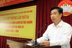 Ông Nguyễn Văn Giang, Trưởng Ban Dân vận Tỉnh ủy, Chủ tịch Mặt trận Tổ quốc Việt Nam tỉnh Thái Bình phát biểu tại Hội nghị. (Ảnh: Thế Duyệt/TTXVN)