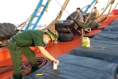 Lực lượng Biên phòng kiểm tra và niêm phong số dầu vận chuyển không có hóa đơn, chứng từ hợp pháp. (Ảnh: TTXVN phát)