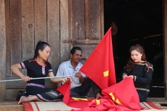 Người dân tự nguyện bỏ công, sức để thực hiện thực hiện “đường cờ” chào mừng Đại hội lần thứ XIII của Đảng. (Ảnh: Tuấn Anh/TTXVN)