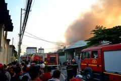 Hơn 100 cán bộ chiến sỹ triển khai chữa cháy. (Ảnh: Thành Chung/TTXVN)