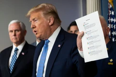 Tổng thống Mỹ Donald Trump thông báo với báo chí về trang web và các công cụ trực tuyến phòng chống dịch COVID-19 do Google phát triển. (Nguồn: Getty Images)