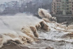 Sóng lớn do ảnh hưởng của bão Lekima ở ven biển thành phố Thái Châu, tỉnh Chiết Giang, Trung Quốc ngày 9/8/2019. (Ảnh: AFP/TTXVN)