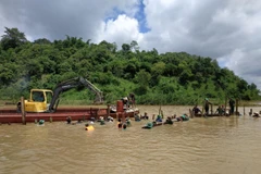 Đê bao Quảng Điền đã bị vỡ, nước sông Krông Ana tràn vào hơn 1.000ha lúa của người dân. (Ảnh: Tuấn Anh/TTXVN)