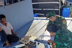 Lực lượng Bộ đội Biên phòng Cà Mau lập biên bản vụ cất giấu thiết bị giám sát hành trình. (Ảnh: TTXVN phát)