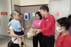 Đại diện Hội Chữ thập Đỏ tỉnh Lạng Sơn tặng cơm và sữa cho gia đình bệnh nhi nghèo, khuyết tật. (Ảnh: Anh Tuấn/TTXVN)