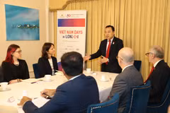 Đại sứ Việt Nam tại Anh Nguyễn Hoàng Long phát biểu tại tọa đàm. (Ảnh: Hải Vân/TTXVN)