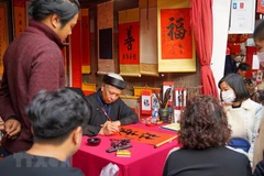 Đông đảo người dân xin chữ tại Hồ Văn-Văn Miếu Quốc Tử Giám vào ngày mùng 2 Tết. (Ảnh: Khánh Hòa/TTXVN)