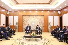 Chủ tịch Hội đồng Lý luận Trung ương Nguyễn Xuân Thắng tiếp Đoàn đại biểu Đảng Dân chủ Xã hội Đức - SPD. (Ảnh: Phương Hoa/TTXVN)