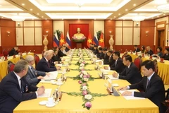 Tổng Bí thư Nguyễn Phú Trọng hội đàm với Chủ tịch Đảng Nước Nga Thống nhất, Phó Chủ tịch Hội đồng An ninh Liên bang Nga Dmitry Medvedev. (Ảnh: Trí Dũng/TTXVN)