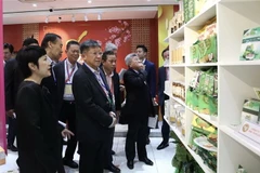 Các doanh nghiệp Singapore tham quan gian hàng Việt Nam trưng bày bên ngoài hội nghị. (Ảnh: Xuân Anh/TTXVN)