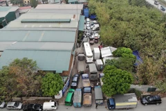 Hàng chục ôtô nối đuôi xếp hàng dài chờ đợi đến lượt khám xe. (Ảnh: Hoàng Hiếu/TTXVN)