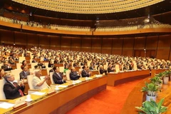 Tổng Bí thư Nguyễn Phú Trọng cùng các lãnh đạo, nguyên lãnh đạo Đảng, Nhà nước và đại biểu Quốc hội thực dự khai mạc Kỳ họp thứ 5, Quốc hội khóa XV. (Ảnh: Trí Dũng/TTXVN)