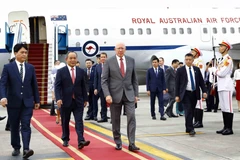 Chủ nhiệm Văn phòng Chủ tịch nước Lê Khánh Hải đón Toàn quyền Australia David Hurley tại Sân bay quốc tế Nội Bài. (Ảnh: An Đăng/TTXVN)