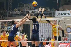 Pha chắn bóng trên lưới của vận động viên Đội Việt Nam 1. (Ảnh: Quốc Khánh/TTXVN)