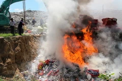 Tiêu hủy thuốc lá nhập lậu. (Ảnh: Lê Đức Hoảnh/TTXVN)