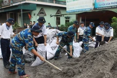 Lực lượng quân đội đóng cát vào bao tải để đắp đê ngăn đất đá tràn. (Ảnh: Minh Quyết​/TTXVN)