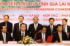 Thủ tướng Nguyễn Xuân Phúc chứng kiến lễ ký biên bản ghi nhớ hợp tác đầu tư vào tỉnh Gia Lai. (Ảnh: Thống Nhất/TTXVN)