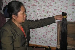 Chị Phạm Thị Hiếu đang lấy trong hòm đựng tóc ra mặt hàng mà chị mới mua được từ chuyến hành trình Cao Bằng về. (Ảnh: Xuân Dũng/Vietnam+).