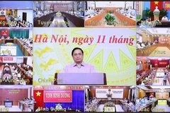 Thủ tướng Phạm Minh Chính chủ trì hội nghị tại điểm cầu Chính phủ. (Ảnh: Dương Giang/TTXVN)
