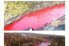 Hình ảnh cho thấy nước sông Daldykan đổi màu đỏ bất thường. (Nguồn: Instagram)