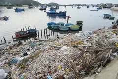 Rác thải tràn ngập tại khu vực bờ kè Đầm Nại, huyện Ninh Hải, Ninh Thuận. (Ảnh: Nguyễn Thành/TTXVN)
