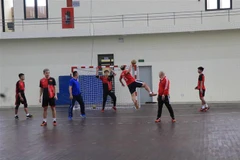 Đội tuyển Bóng ném nam đang tập luyện tại nhà tập luyện môn Bóng ném trong nhà trường đại học Thể dục thể thao Bắc Ninh. (Ảnh: Đinh Văn Nhiều/TTXVN)