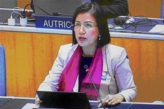 Đại sứ Lê Thị Tuyết Mai, Trưởng Phái đoàn đại diện Việt Nam tại Geneva phát biểu tại khóa 62 Đại hội đồng WIPO. (Ảnh: TTXVN phát)