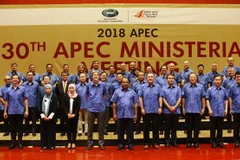 Phó Thủ tướng, Bộ trưởng Ngoại giao Phạm Bình Minh (hàng cuối, thứ 3, từ phải sang) cùng Trưởng đoàn các nền kinh tế thành viên APEC dự Hội nghị AMM 30 chụp ảnh chung. (Ảnh: Khánh Linh/TTXVN)