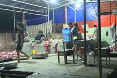 Lực lượng chức năng bắt quả tang cơ sở giết mổ lợn trên sàn nhà dơ bẩn, không đảm bảo vệ sinh. (Ảnh: Lê Xuân/TTXVN)