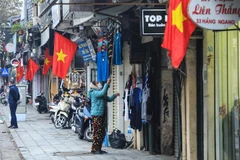 Một người bán hàng rong ngày đầu năm trên phố Hàng Đào. (Ảnh: Tuấn Anh/TTXVN)