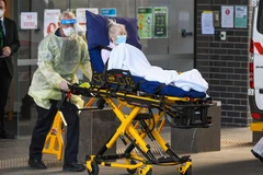 Nhân viên y tế chuyển bệnh nhân COVID-19 vào bệnh viện tại thành phố Melbourne, Australia ngày 30/7/2020. (Ảnh: AFP/TTXVN)