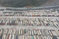 Xe chở hàng chờ xuất khẩu tại cửa khẩu Tân Thanh (Lạng Sơn). (Ảnh: TTXVN phát)