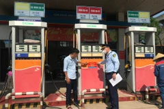 Lực lượng Quản lý Thị trường kiểm tra hoạt động kinh doanh xăng dầu. (Ảnh: Đức Duy/Vietnam+)