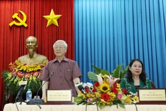 Tổng Bí thư Nguyễn Phú Trọng phát biểu tại buổi làm việc với Ban Thường vụ Tỉnh ủy và lãnh đạo chủ chốt tỉnh An Giang. (Ảnh: Trí Dũng/TTXVN)