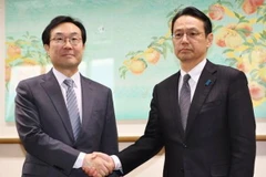 Trưởng đoàn đàm phán hạt nhân của Hàn Quốc Lee Do-hoon (trái) và người đồng cấp Nhật Bản Kenji Kanasugi. (Nguồn: Kyodo/TTXVN)