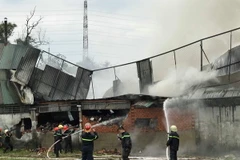 Lực lượng Phòng cháy chữa cháy nỗ lực dập lửa. (Ảnh: Thành Chung/TTXVN)