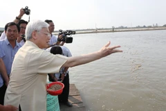 Tổng Bí thư Nguyễn Phú Trọng thăm vùng nuôi cá tra của Công ty TNHH phát triển Lộc Kim Chi ở ấp Mỹ Phước, xã Mỹ Phú, huyện Châu Phú, tỉnh An Giang. (Ảnh: Trí Dũng/TTXVN)