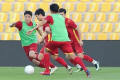 Đội tuyển Việt Nam tập làm quen sân Zabeel. (Ảnh: Hoàng Linh/TTXVN) 