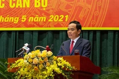 Ông Trần Lưu Quang, Ủy viên Trung ương Đảng, Bí thư Thành ủy thành phố Hải Phòng, nhiệm kỳ 2020-2025 phát biểu tại hội nghị. (Nguồn: TTXVN) 