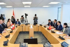 Bộ trưởng Ngoại giao Bùi Thanh Sơn gặp Bộ trưởng Ngoại giao Peru Javier Gonzalez Olaechea. (Ảnh: TTXVN phát)