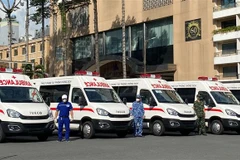 30 xe cứu thương được Công ty Cổ phần Ôtô Trường Hải (Thaco) trao tặng cho Ủy ban Nhân dân Thành phố Hồ Chí Minh phục vụ công tác phòng, chống dịch COVID-19. (Ảnh: Đinh Hằng/TTXVN) 