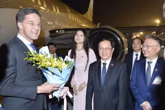 Bộ trưởng Bộ Khoa học và Công nghệ Huỳnh Thành Đạt, Đại sứ Việt Nam tại Hà Lan Ngô Hướng Nam đón Thủ tướng Hà Lan Mark Rutte tại Sân bay Quốc tế Nội Bài. (Ảnh: Minh Đức/TTXVN)