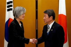 Ngoại trưởng Nhật Bản Toshimitsu Motegi (phải) và Ngoại trưởng Hàn Quốc Kang Kyung-wha (trái) tại cuộc gặp ở Nagoya, Nhật Bản, ngày 23/11/2019. (Nguồn: AFP/TTXVN) 