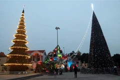 Hai cây thông Noel cỡ lớn được trang hoàng tại Vương cung thánh đường Đức Mẹ Phú Nhai (xã Xuân Phương, huyện Xuân Trường). (Ảnh: Văn Đạt/TTXVN) 