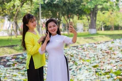 Khách du lịch lưu lại những khoảnh khắc đẹp với sen quê Bác. (Ảnh: Bích Huệ/TTXVN) 