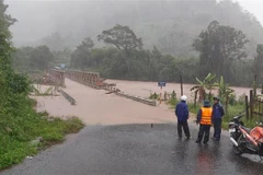 Cầu bắc qua suối Đăk Pne bị ngập, trước thời điểm bị nước cuốn trôi. (Nguồn: TTXVN phát)