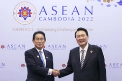 Tổng thống Hàn Quốc Yoon Suk Yeol (phải) và Thủ tướng Nhật Bản Fumio Kishida trong một buổi gặp mặt. (Nguồn: Kyodo)