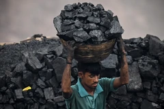 Thu nhặt than đá tại một khu mỏ ở ngoại ô Dhanbad, Ấn Độ ngày 6/7/2023. (Ảnh: AFP/TTXVN)